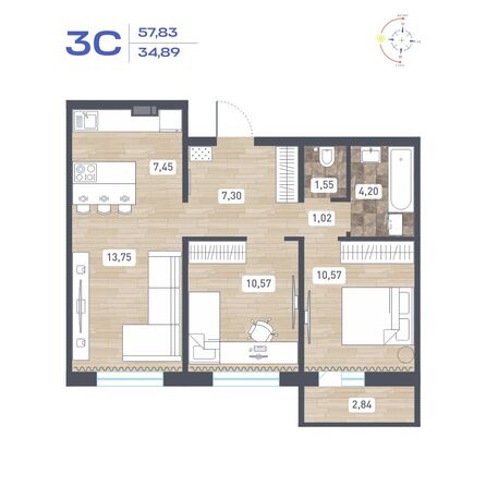 Планировка 3-комн 57,83, 57,84 м²
