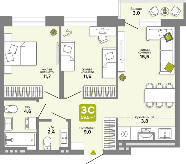 Планировка 3-комн 59,5, 59,6 м²