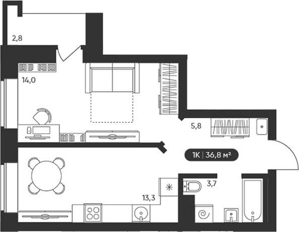 Планировка 1-комн 36,8 м²