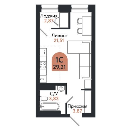 Планировка 1-комн 29,05 - 29,21 м²