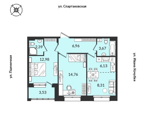 Планировка 2-комн 58,73 м²