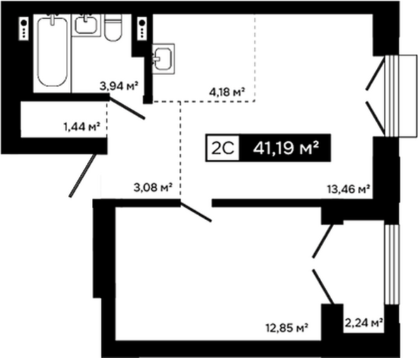 Планировка 2-комн 41,19 м²