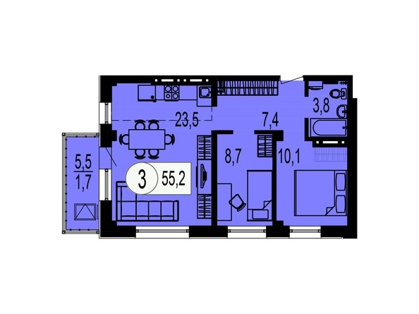 Планировка трехкомнатной квартиры 55,2 кв.м