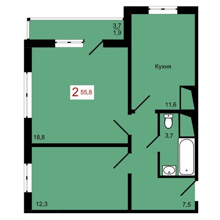 Планировка 2-комн 55,8 м²