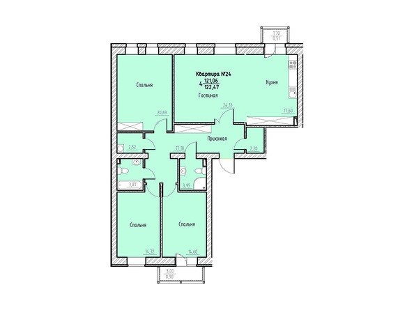 Планировка четырехкомнатной квартиры 122,47 кв.м