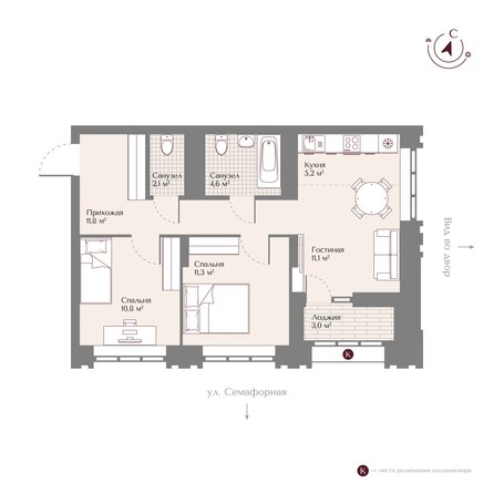 Планировка 3-комн 58,4 м²