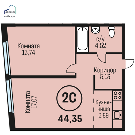 Планировка 2-комн 44,35 м²