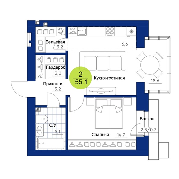 Планировка 2-комн 55,1 м²