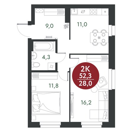 Планировка 2-комн 52,3 м²