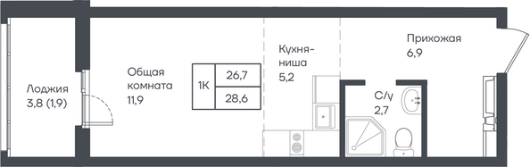 Планировка 1-комн 28,6 м²