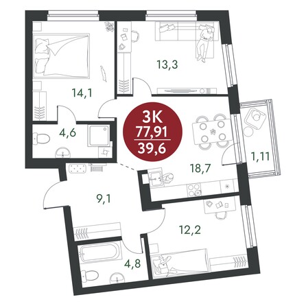 Планировка 3-комн 77,91 м²