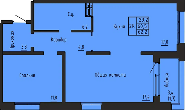 Планировка 2-комн 62,2 м²