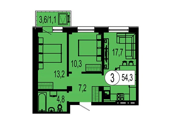 Планировка трехкомнатной квартиры 54,3 кв.м