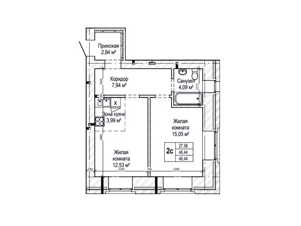 Планировка двухкомнатной квартиры 46,44 кв.м.