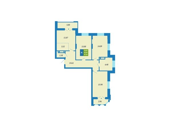 Планировка 4-комнатной квартиры 87,03 кв.м