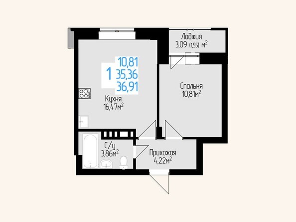 Планировка однокомнатной квартиры 35,36 кв.м