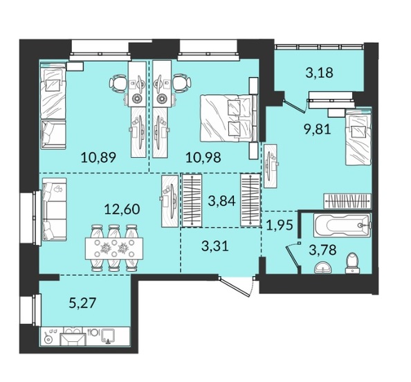 Планировка 4-комн 65,38, 65,61 м²