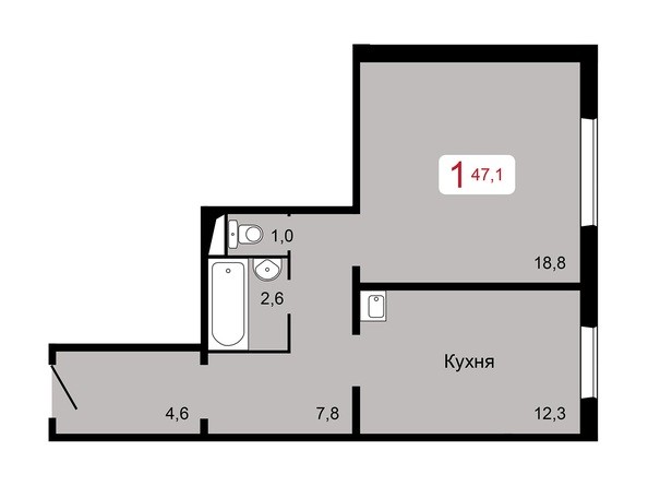 1-комнатная 47,1 кв.м