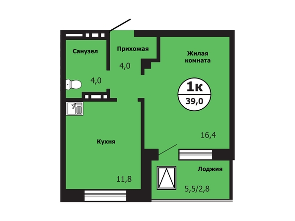 Планировка 1-комн 39 м²