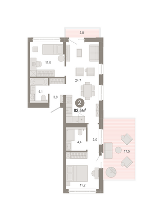 Планировка 2-комн 82,45 м²