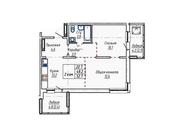 Планировка двухкомнатной квартиры 52,7 кв.м