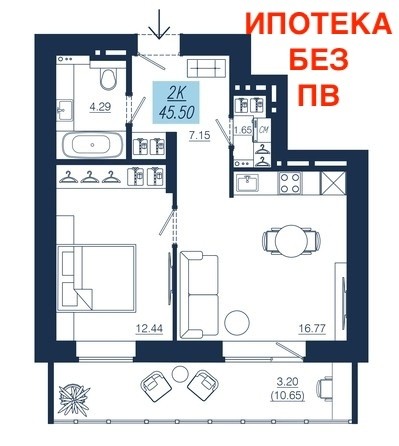 
   Продам 2-комнатную, 45.5 м², АЭРОCITY (Аэросити), дом 3

. Фото 1.