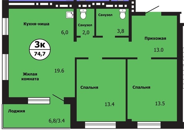 
   Продам 3-комнатную, 74.7 м², Лесников ул, 43

. Фото 2.