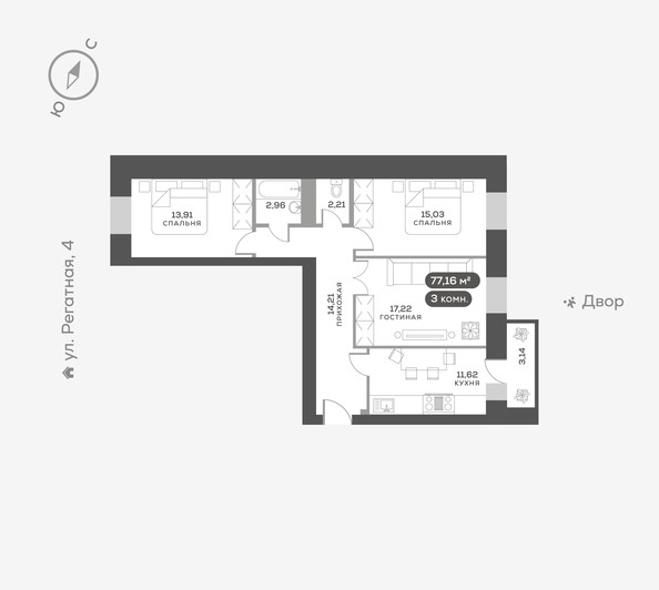 
   Продам 3-комнатную, 77.16 м², Южный берег, дом 24

. Фото 1.