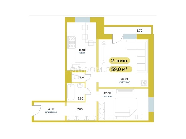 
   Продам 2-комнатную, 59 м², Вербная ул, 5

. Фото 1.