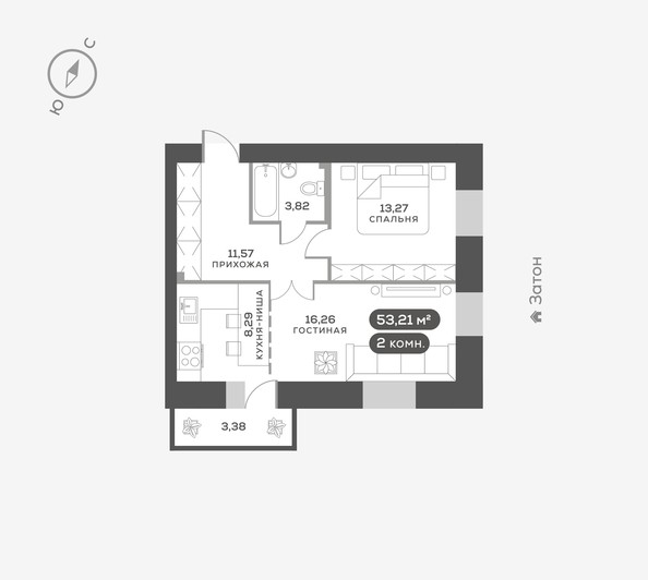 
   Продам 2-комнатную, 53.21 м², Южный берег, дом 24

. Фото 1.