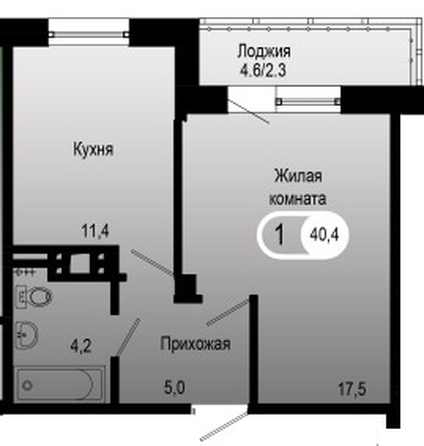 
   Продам 1-комнатную, 41.46 м², Сити-квартал на Взлетной, дом 1

. Фото 1.