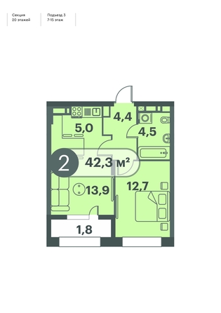 
   Продам 2-комнатную, 42.3 м², Три Клёна, дом 1

. Фото 1.