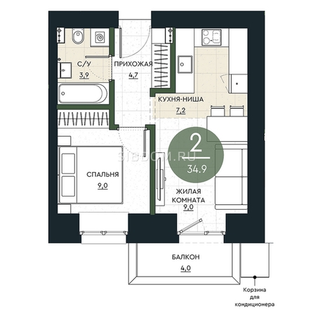 
   Продам 2-комнатную, 34.9 м², Калина Долина, дом 1

. Фото 1.