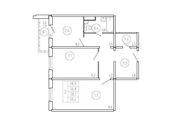 
   Продам 2-комнатную, 58.1 м², Три слона, дом 1

. Фото 1.