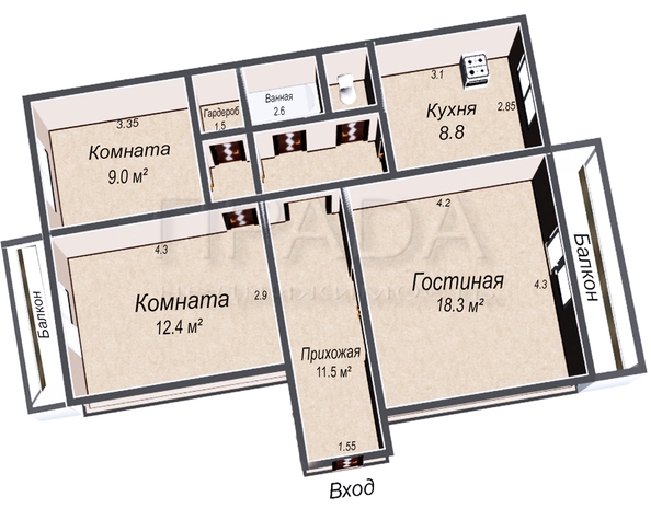 
   Продам 3-комнатную, 67.2 м², Комсомольский пр-кт, 1а

. Фото 4.