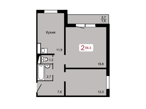 
   Продам 2-комнатную, 56.3 м², Судостроительная ул, 31к

. Фото 2.