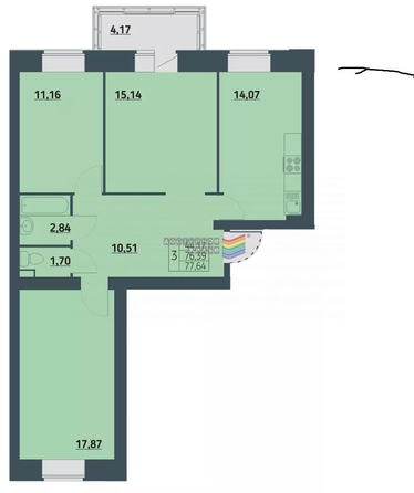 
   Продам 3-комнатную, 77.64 м², Мята, дом 2, секции 7-10

. Фото 1.