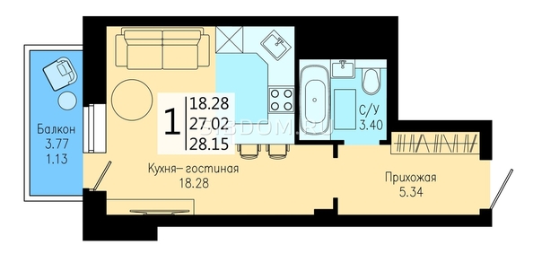 
   Продам 1-комнатную, 28.15 м², На Дудинской, дом 5

. Фото 1.