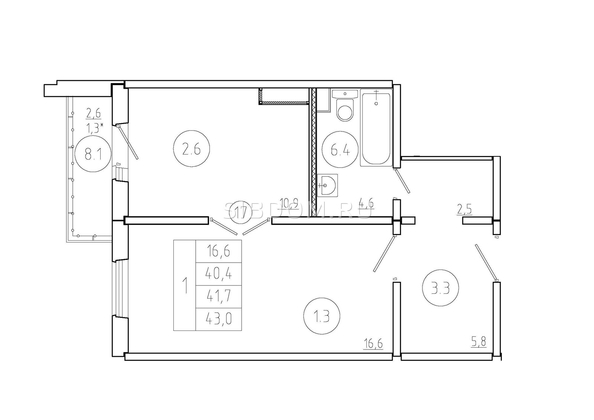 
   Продам 1-комнатную, 41.7 м², Три слона, дом 1

. Фото 1.