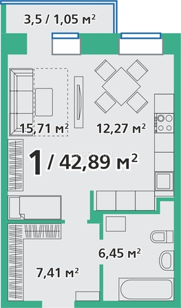 
   Продам студию, 42.89 м², Березина ул, 82в

. Фото 1.