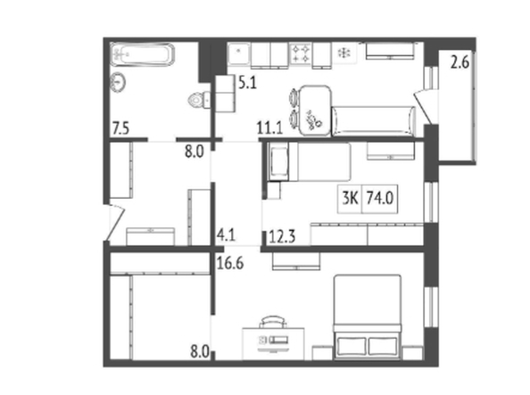 
   Продам 3-комнатную, 74 м², КБС. Классика, дом 2

. Фото 1.