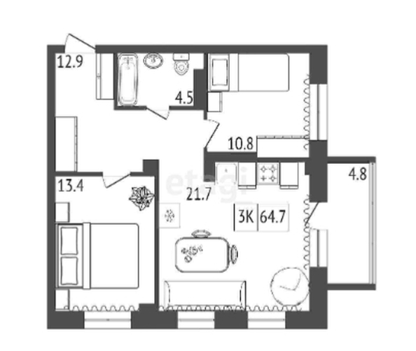 
   Продам 3-комнатную, 65 м², Emotion (Эмоушн)

. Фото 1.