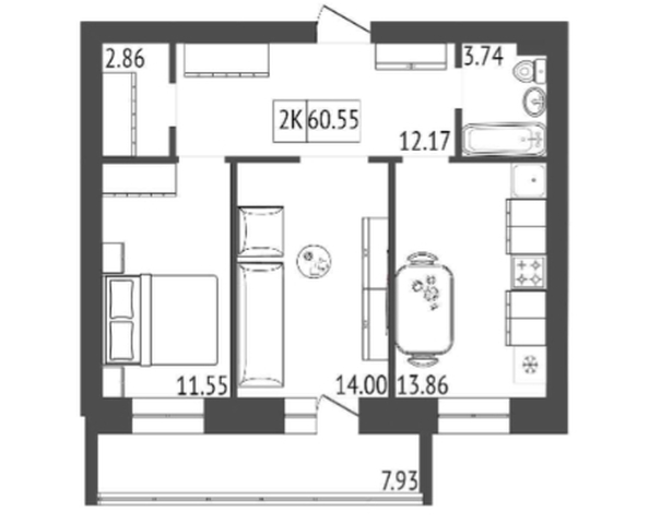 
   Продам 2-комнатную, 61 м², Мята, дом 2, секции 4-6

. Фото 1.