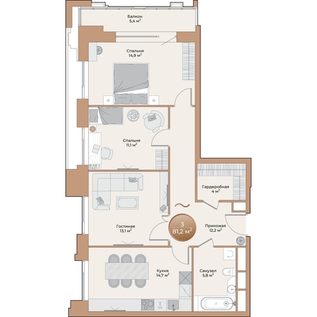
  Продается 3-комн. квартира, 77.4 м², ЖК Небо над Енисеем, корпус 1
. Фото 2.