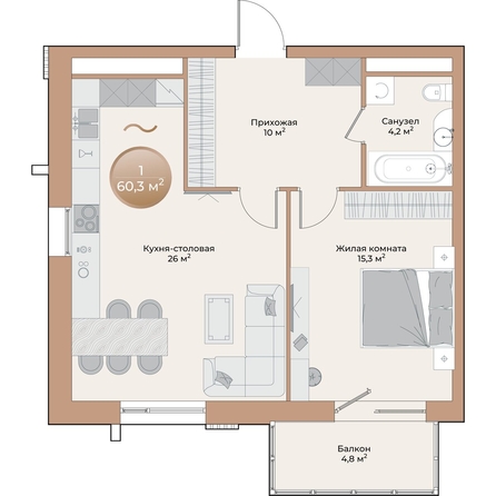 
  Продается 1-комн. квартира, 56.9 м², ЖК Небо над Енисеем, корпус 2
. Фото 1.