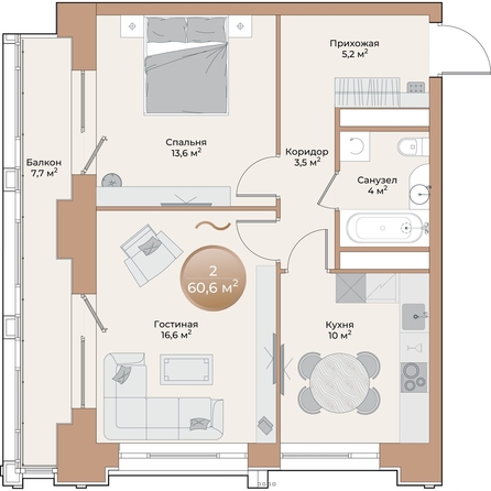 
  Продается 2-комн. квартира, 55.2 м², ЖК Небо над Енисеем
. Фото 1.