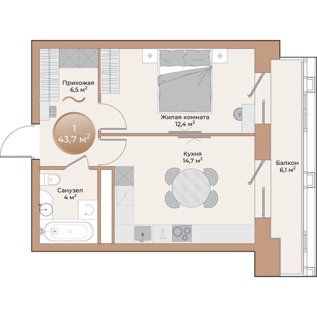 
  Продается 1-комн. квартира, 39.4 м², ЖК Небо над Енисеем
. Фото 2.