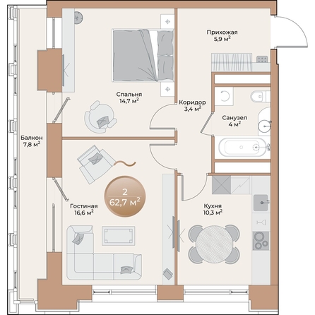 
  Продается 2-комн. квартира, 57.2 м², ЖК Небо над Енисеем
. Фото 2.