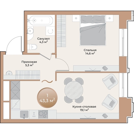 
  Продается 1-комн. квартира, 43.3 м², ЖК Небо над Енисеем
. Фото 2.