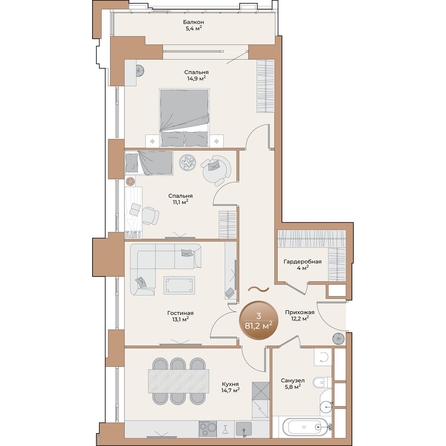 
  Продается 3-комн. квартира, 77.4 м², ЖК Небо над Енисеем
. Фото 2.